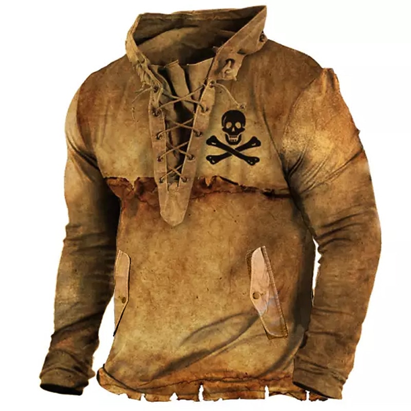 Men's Skull Graphic Prints Sweatshirt Pullover Long Sleeve Sweatshirt Standing Collar Streetwear Designer Basic 3D Print Sports & Outdoor Casual Daily Lace up Pocket Spring &  Fall