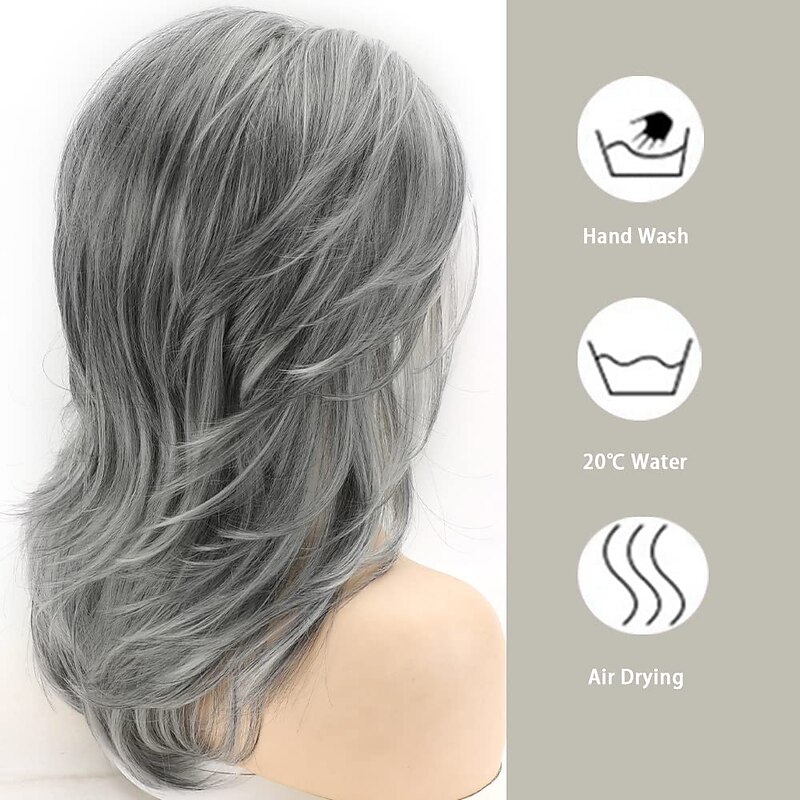 Grey Long Layered Wigs for Women Silver Wavy Wigs Natural Synthetic Hair Wig for Daily Party Use Christmas Party Wigs4