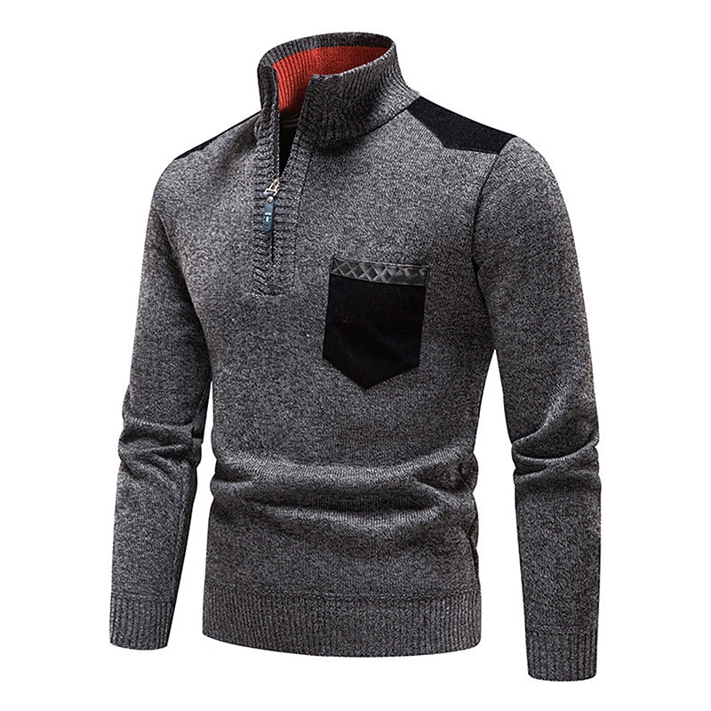 Men's Pullover Sweater Jumper Fleece Sweater Quarter Zip Pullover Sweater Ribbed Knit Zipper Knitted Color Block Half Zip Basic Keep Warm Work Daily Wear Clothing Apparel Fall & Winter Blue Red S M L2