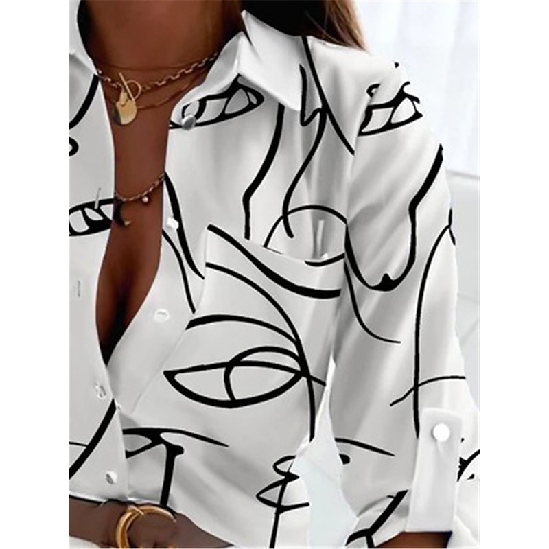 Women's Shirt Blouse Elegant Abstract Print Long Sleeve Shirt Collar Work Casual Daily White Yellow Pink Green Spring Fall2