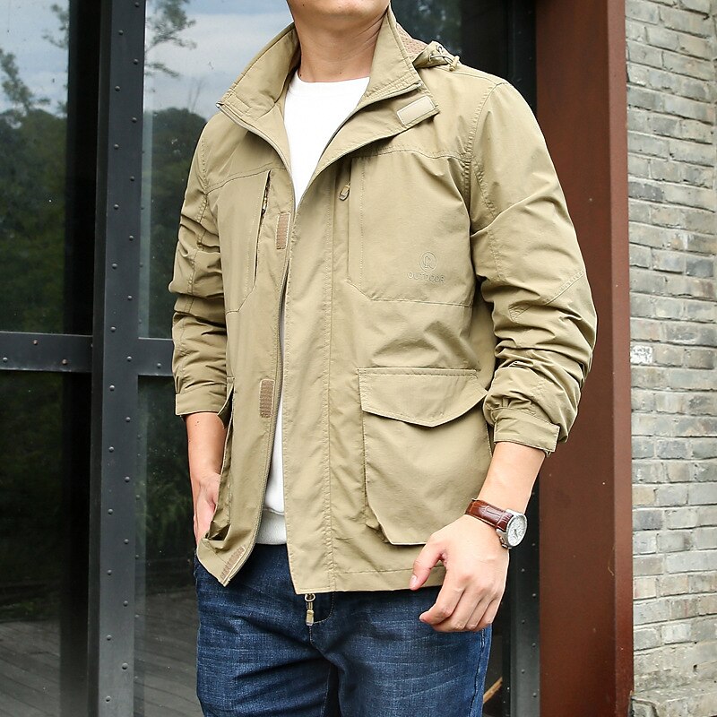 Men's Lightweight Jacket Summer Jacket Utility Jacket Cargo Jacket Outdoor Vacation Warm Pocket Fall Winter Plain Fashion Streetwear Hooded Regular Black Khaki Dark Blue Grey Jacket2