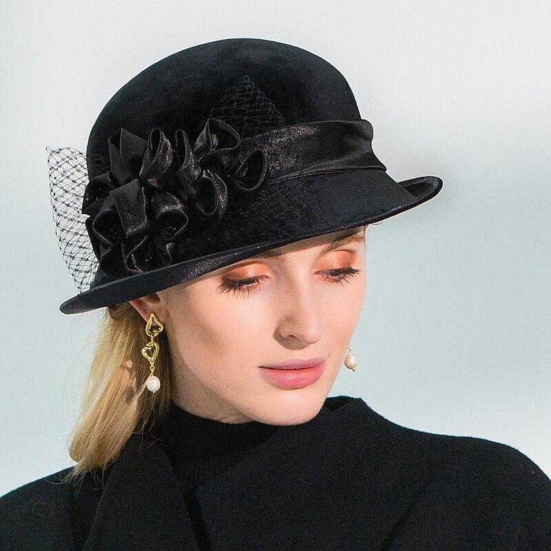 Elegant Vintage Inspired Velvet Hats with Satin Flower / Flower / Tulle 1pc Party / Evening / Special Occasion / Office & Career / Casual Headpiece3