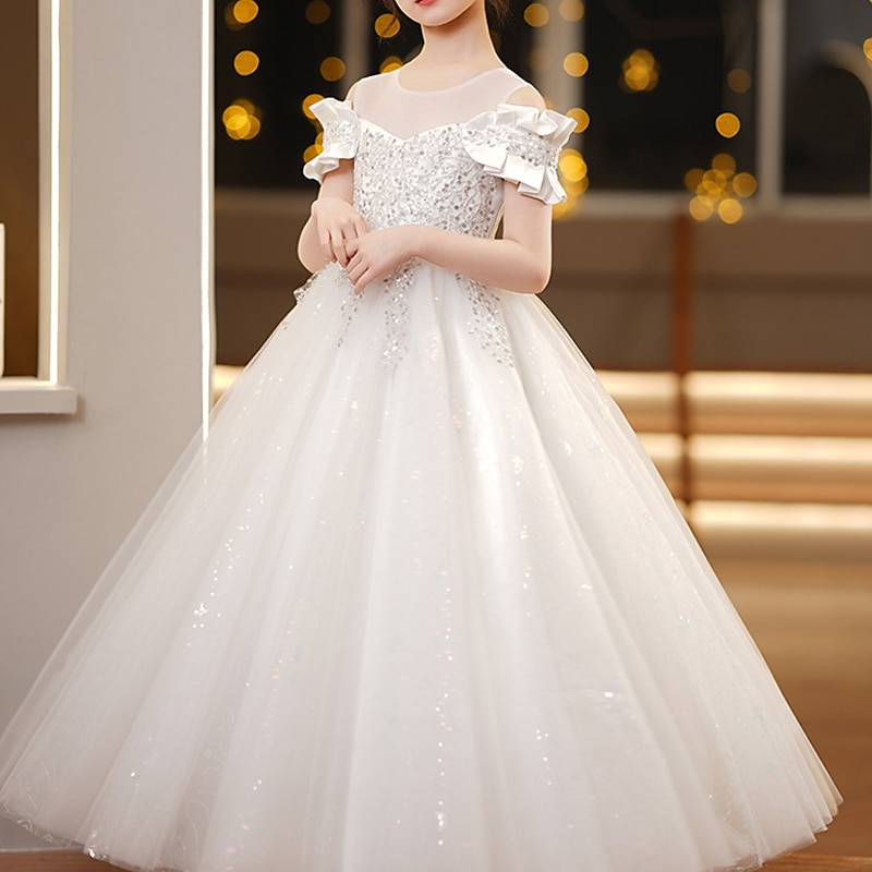 Kids Girls' Flower Girl Dress Party Dress Solid Color Short Sleeve Wedding Party Special Occasion Princess Polyester Party Dress Flower Girl's Dress Summer Spring 3-12 Years White Champagne4