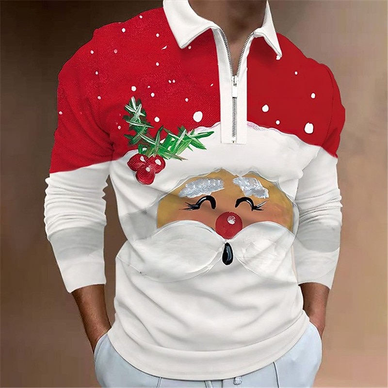 Christmas Men's Santa Claus 3D Zipper Polo Golf Santa Claus Turndown Wine White+Red Red+Army Green+White Black White 3D Print Street Casual Long Sleeve Zipper Print Clothing Apparel Fashion Designer