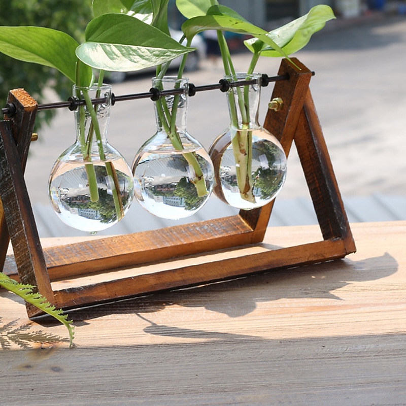 Creative Wooden Frame Glass Vase Tabletop Terrarium Hydroponics Plant Vases Bonsai 3 Transparent Flower Pot with Wooden Tray Home Decor4