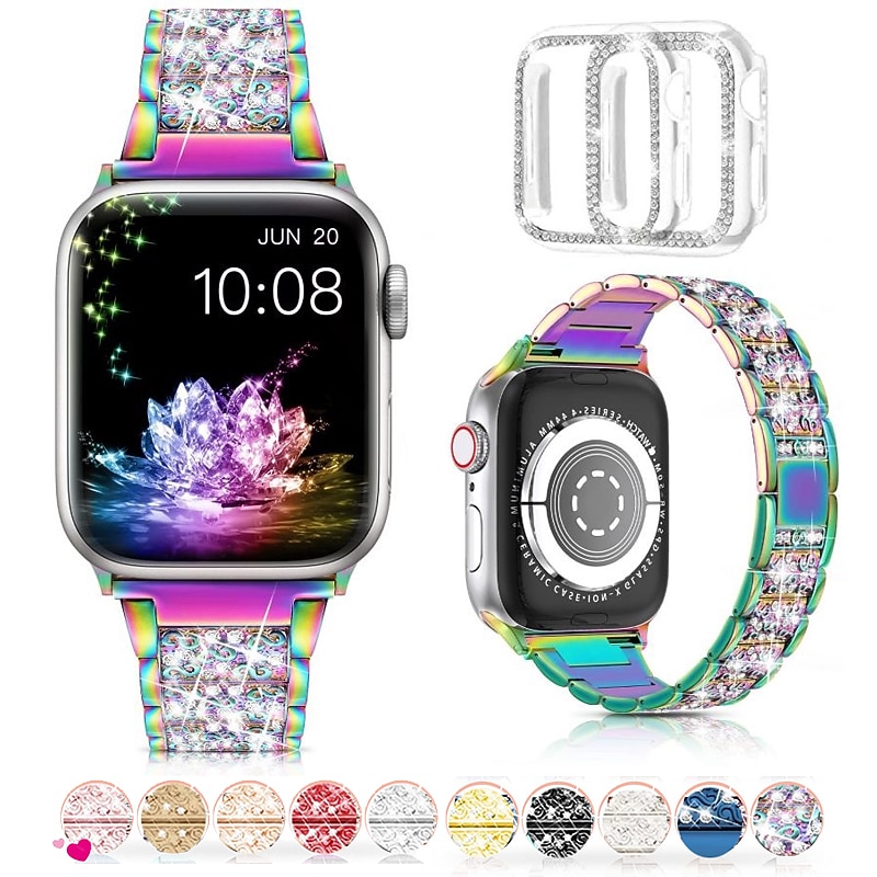 [1+2Pack] Jewelry Bracelet Compatible with Apple Watch band 38mm 40mm 41mm 42mm 44mm 45mm 49mm with Case Bling Diamond Rhinestone Strap Replacement Wristband for iwatch Series Ultra 8 7 6 5 4 3 2 1 SE