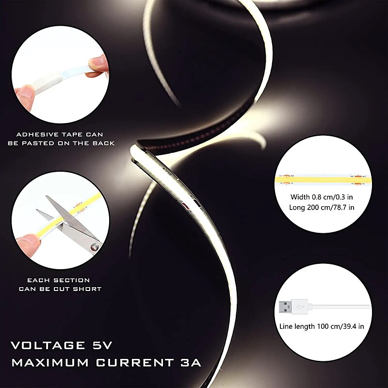 USB COB LED Strip Lights 5V 1-3m Dimmable 300led / m CRI85 with RF Remote Controller TV backlight Flexible Tape Lamp Under the Cabinet for DIY Lighting in Bedrooms Kitchens and Homes4