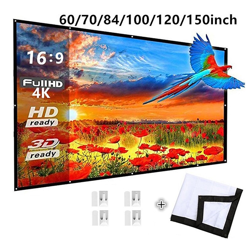 Projector Screen 4K Movie 16:9 HD 60 72 84 100 120 150 inch Foldable and Portable Anti-Crease Indoor Outdoor Projection Video for Home Party Office  Classroom World Cup Game