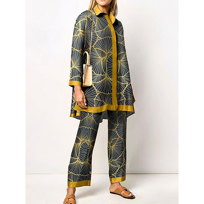 Women's 2 Pieces Elegant Vintage Fashion Shirt Blouse Pants Sets Pants Trousers Long Sleeve Shirt Collar Graphic Print Casual Daily Dark Navy Green Clover Fall & Winter Regular Fit4