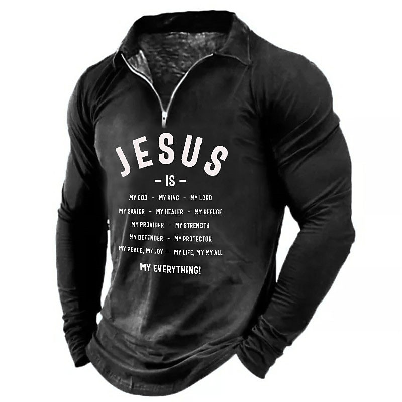 Men's Jesus Christian Zip Polo Shirts Golf Shirt Long Sleeve Polo Shirts Collared Shirts Vintage Casual Vacation Wear Festival Wear Party Outfits 3D Print Quarter Zip Polo Wine Blue Dark Green2