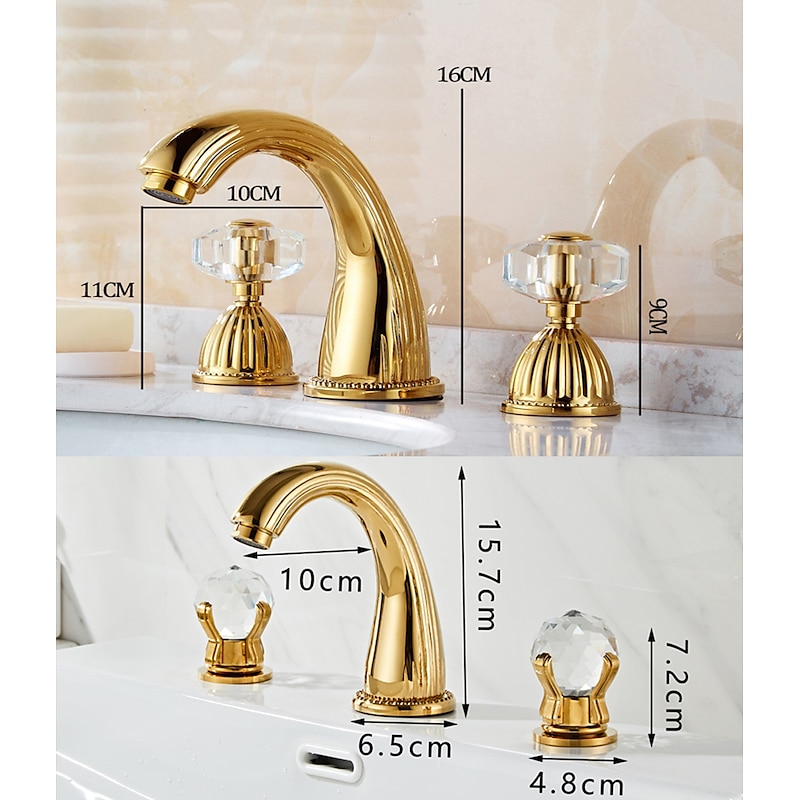 Widespread Bathroom Sink Mixer Faucet, Brass Basin Taps 2 Handle 3 Hole Retro Style Crystal Handle, Washroom Bath with Hot and Cold Water Hose2