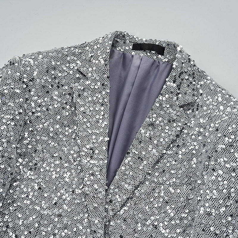 Men's Blazer Jacket Blazer Fashion Party Retro Solid Colored Silver Gold Standard Fit Single Breasted One-button4