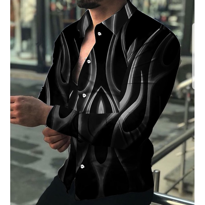Men's Geometric Pattern Flame Shirt Button Up Shirt Long Sleeve Fashion Designer Casual Daily Holiday Going out Spring & Summer Turndown 3D Print Button-Down Black / Red White Red Blue Purple 5