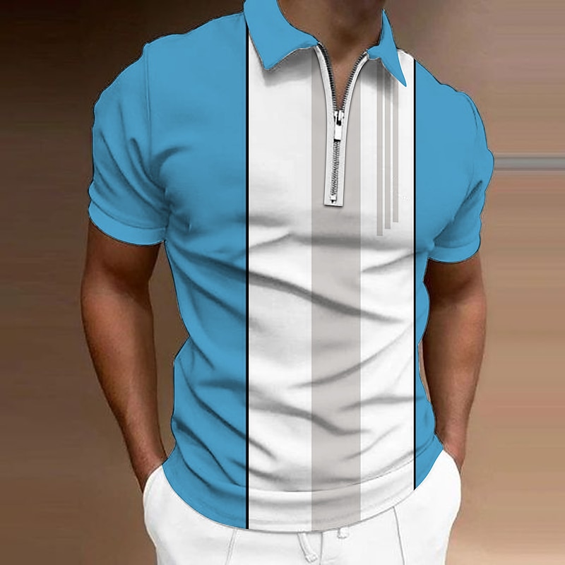 Men's Striped Zip Polo Shirts Golf Shirt Short Sleeve Polo Shirts Collared Shirts Business Casual WorkWear Formal Wear Festival Wear 3D Print Quarter Zip Polo Blue Orange Green4