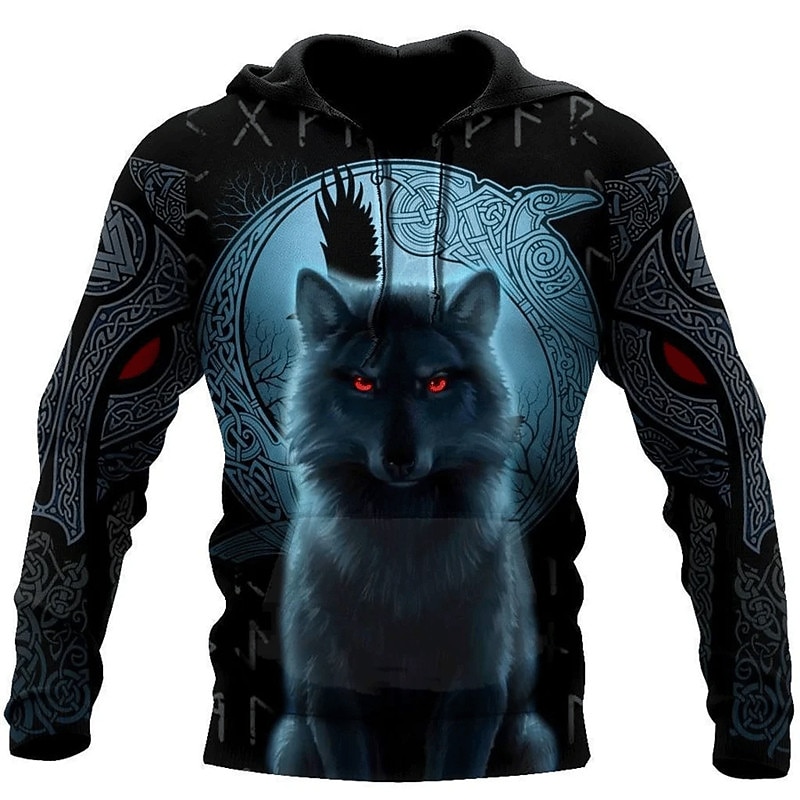 Men's Animal Wolf Graphic Prints Viking Hoodie Hoodies Sweatshirt Streetwear Designer Long Sleeve Hooded Daily Sports Blue Print Spring &  Fall Designer