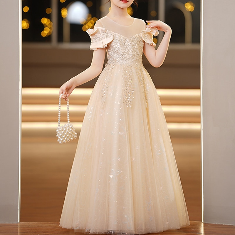 Kids Girls' Flower Girl Dress Party Dress Solid Color Short Sleeve Wedding Party Special Occasion Princess Polyester Party Dress Flower Girl's Dress Summer Spring 3-12 Years White Champagne2