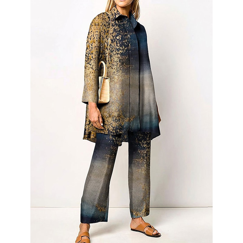 Women's 2 Pieces Elegant Vintage Fashion Shirt Blouse Pants Sets Pants Trousers Long Sleeve Shirt Collar Graphic Print Casual Daily Dark Navy Green Clover Fall & Winter Regular Fit2