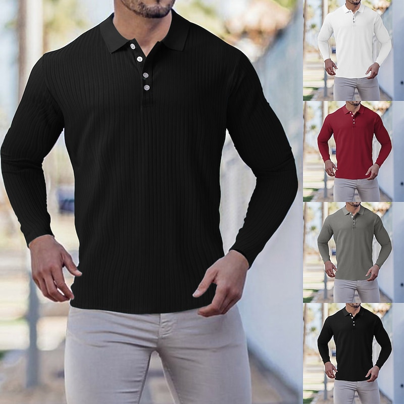 Men's Muscle Shirt Golf Shirt Casual Going out Polo Collar Classic Long Sleeve Sportswear Casual Solid Color Striped Patchwork Button Front Fall & Winter Slim Fit Black White Wine Red Navy Blue Dark