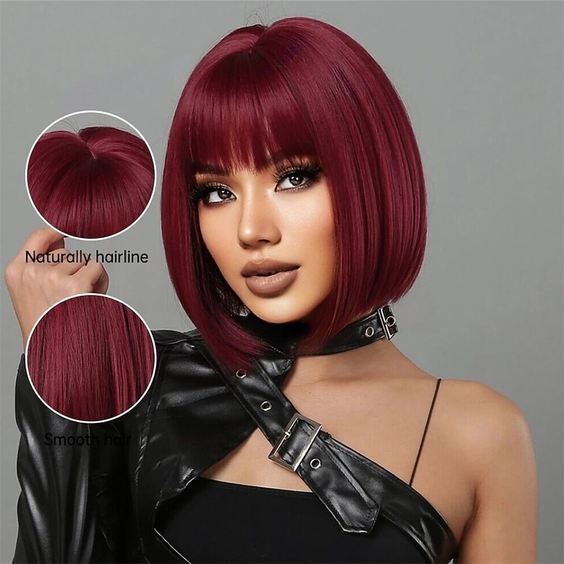 Fashion Bobo Wig European and American Wig Women's Short Straight Hair Wine Red Hair with Fringe Mechanism Chemical Fiber Headgear Wigs Christmas Party Wigs4