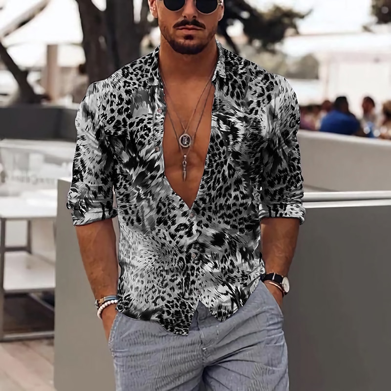 Men's Leopard Shirt Button Up Shirt Long Sleeve Fashion Designer Casual Outdoor Vacation Daily Spring & Summer Stand Collar 3D Print Button-Down Black Red Purple Brown Green3