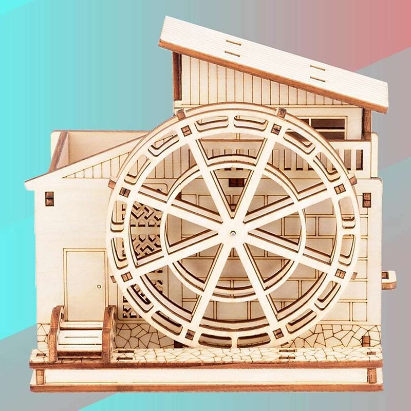 DIY Handmade Wooden Assembled Waterwheel Pen Holder Model Wooden 3D Three-Dimensional Puzzle Educational Toy Children's Gift-Waterwheel 95 x 117 x 113 mm3