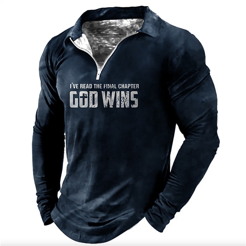 Men's Long Sleeve Quarter-Zip Polo Shirt with 'I've Read The Final Chapter God Wins' Faith Graphic2
