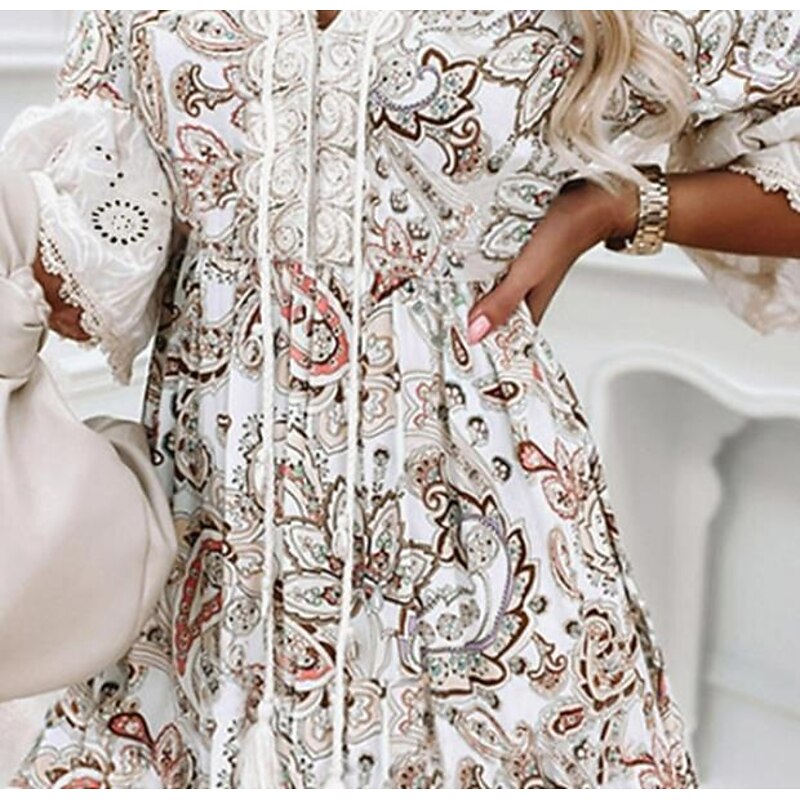 Women's Mini Dress Petite Dress Casual Dress Ethnic Dress Summer Dress Boho Dress Fashion Casual Boho Flare Cuff Sleeve Vacation Daily Holiday Loose Fit Floral Print 3/4 Length Sleeve V Neck White4