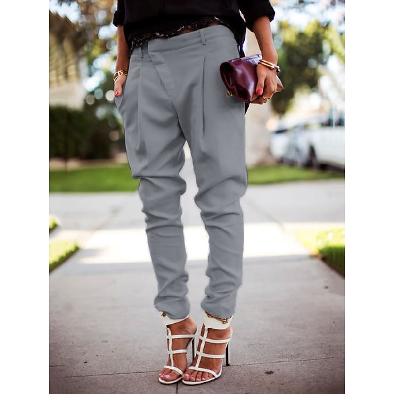 Women's Cargo Pants Joggers Pants Trousers Simple Basic Full Length Mid Waist Solid Colored Pocket Classic Asymmetric Inelastic Work Office / Career Black White Blue Gray Spring &  Fall Regular Fit3