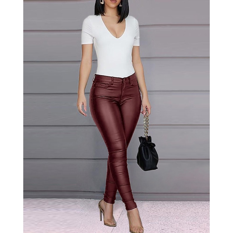 Women's Skinny Leather Pants Pants Trousers Fashion Ankle-Length Plain Side Pockets Butt Lift Comfort Tummy Control Stretchy Party Casual Daily claret Black Blue Slim2