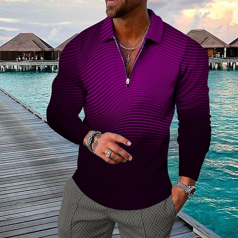Men's Striped Hawaiian Polo Shirts Golf Shirt Long Sleeve Polo Shirts Collared Shirts Casual Beach Wear Vacation Wear Party Outfits 3D Print Quarter Zip Polo Black Yellow Blue4