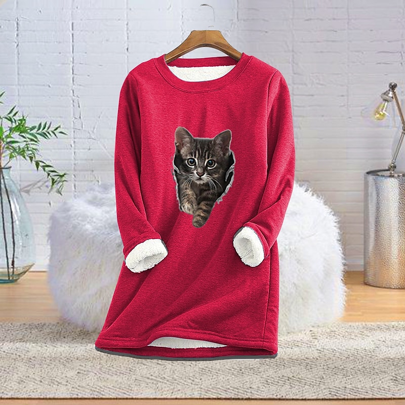 Women's Sweatshirt Pullover Sherpa Fleece Teddy Black Blue Red Cat Dailywear Round Neck Long Sleeve Fleece S M L XL 2XL 3XL / Fleece lined