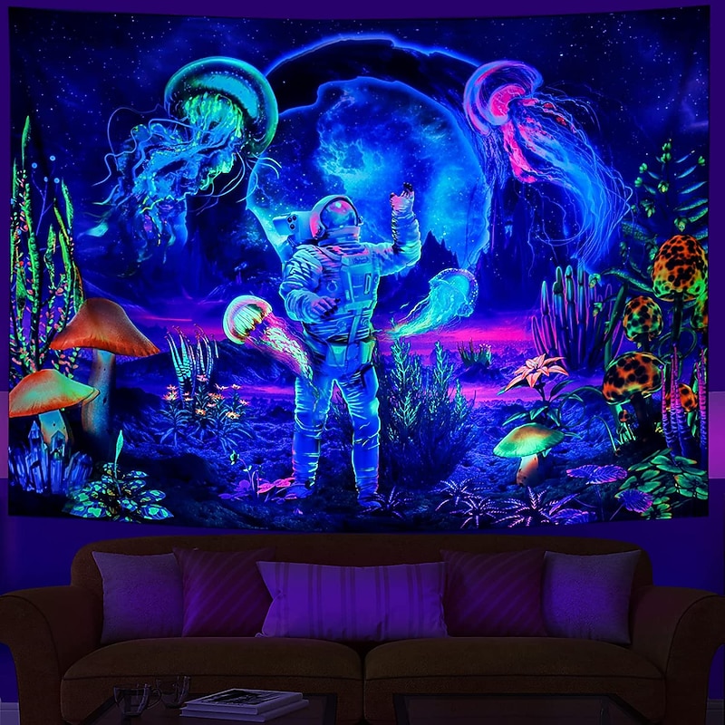 Blacklight Tapestry UV Reactive Glow in the Dark Glow Party Neon Astronaut Psychedelic Trippy Misty Hanging Tapestry Wall Art Mural for Living Room Bedroom3