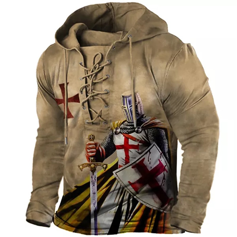 Men's Knights Templar Graphic Prints Hoodie Hoodies Sweatshirt Designer Casual Long Sleeve Hooded Sports & Outdoor Daily Sports Army Green Red Lace up Print Spring &  Fall Designer