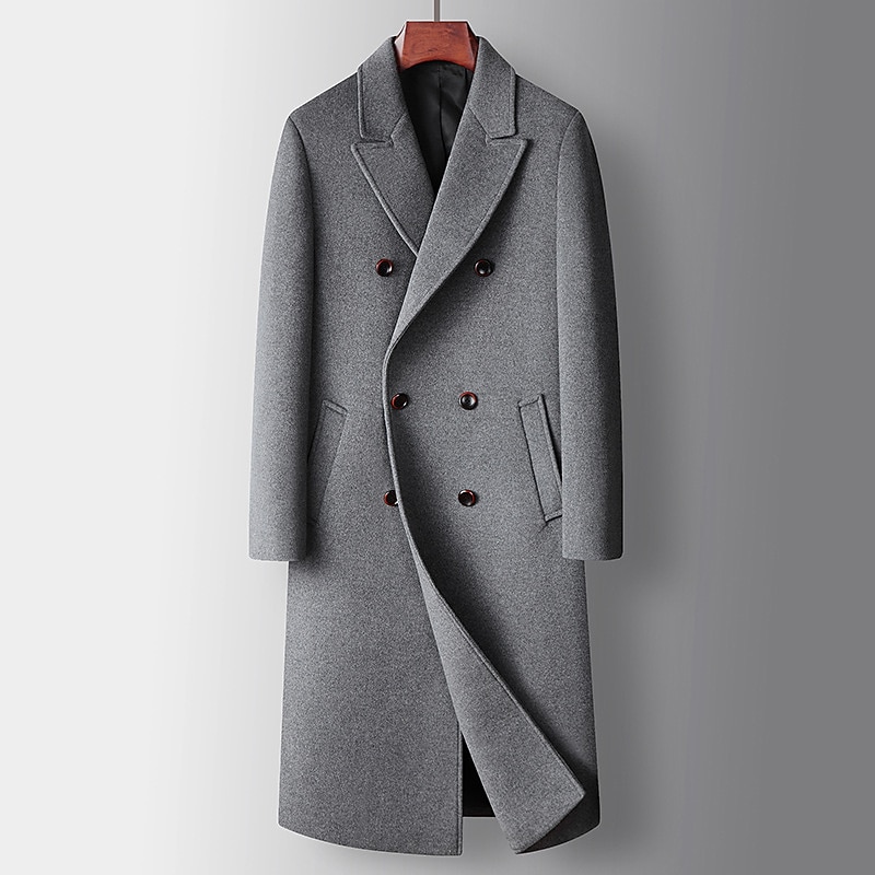 Men's Winter Coat Wool Coat Peacoat Daily Wear Vacation Fall Winter POLY Thermal Warm Outdoor Outerwear Clothing Apparel Fashion Warm Ups Solid Colored Pocket Turndown Double Breasted4