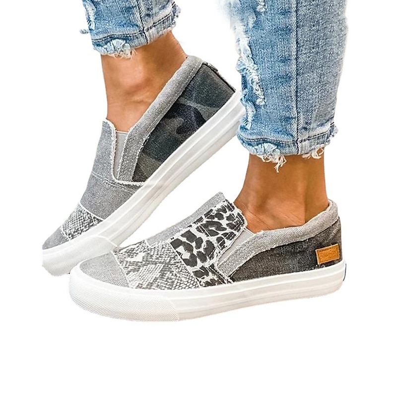 Women's Slip-On Patchwork Sneakers - Casual Leopard Print Canvas Shoes with Snake Pattern Accents for Everyday Wear4
