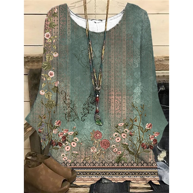 Women's Plus Size Blouse 3D Print Vintage Holiday Casual Floral Print Regular Tops Crew Neck Vacation Daily Black White Dark Green Green khaki Spring Fall Winter4