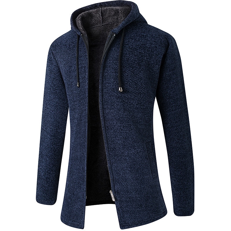 Men's Cardigan Sweater Fleece Sweater Ribbed Knit Tunic Knitted Solid Color Hooded Warm Ups Modern Contemporary Daily Wear Going out Clothing Apparel Fall & Winter Black Red & White M L XL3