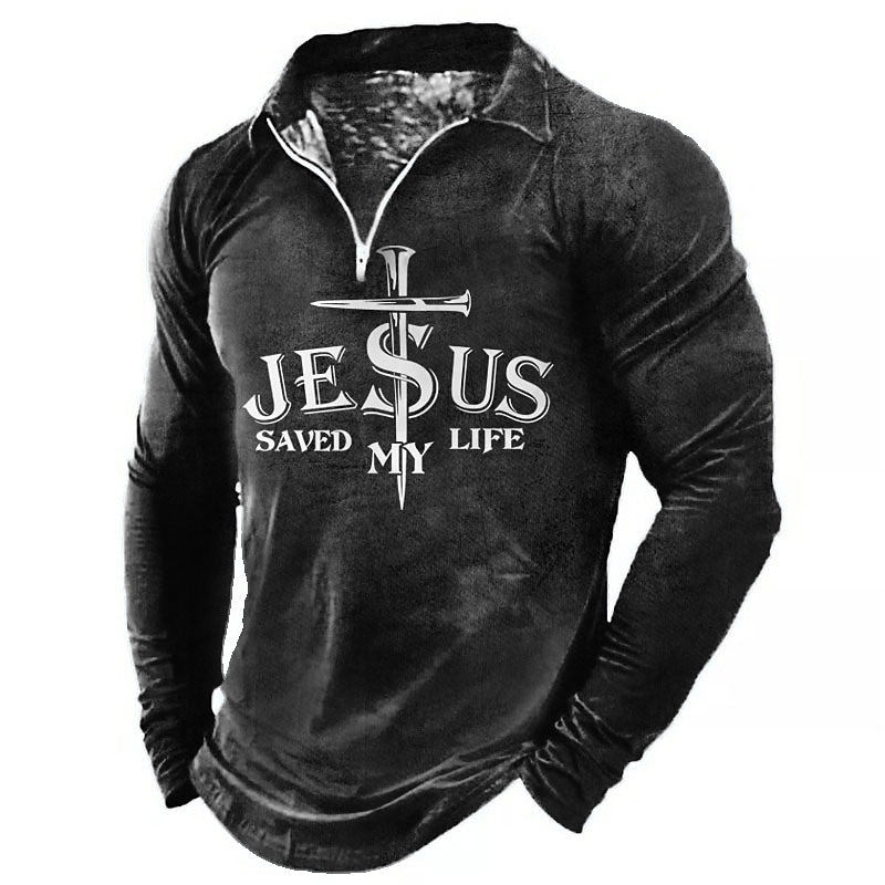 Men's Jesus Christian Zip Polo Shirts Golf Shirt Long Sleeve Polo Shirts Collared Shirts Vintage Casual Vacation Wear Festival Wear Party Outfits 3D Print Quarter Zip Polo Black Blue Green4