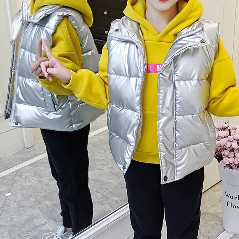 Kids Girls' Down Jacket Vest Coat Puffer Jacket Kids Puffer Jacket Fashion School Coat Outerwear 7-13 Years Fall Black Silver Champagne3