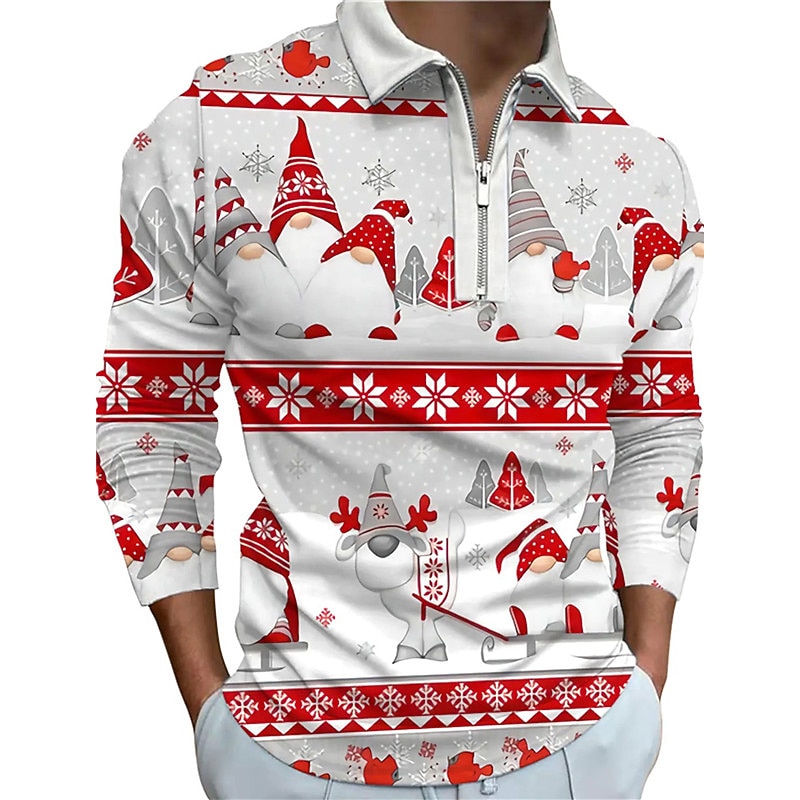 Christmas Men's Santa Claus 3D Zipper Polo Golf Santa Claus Turndown Light Green Red Green Gray 3D Print Street Casual Long Sleeve Zipper Print Clothing Apparel Fashion Designer Casual Breathable