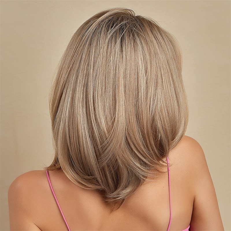 Ash Blonde Wigs for Women Bob Shoulder Length Layered Synthetic Dark Roots Hair Wig with Bangs Side Parting Christmas Party Wigs barbiecore Wigs4