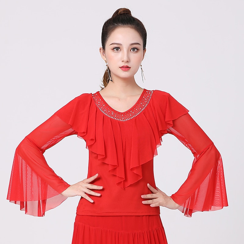Latin Dance Ballroom Dance Top Pure Color Crystals / Rhinestones Tulle Women's Performance Training Long Sleeve High Terylene2