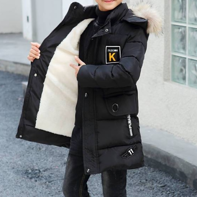 Kids Boys' Down Coat Hoodie Jacket Puffer Jacket Outerwear Solid Color Long Sleeve Pocket Coat Outdoor Cool Daily Black Khaki Fall Winter 7-13 Years