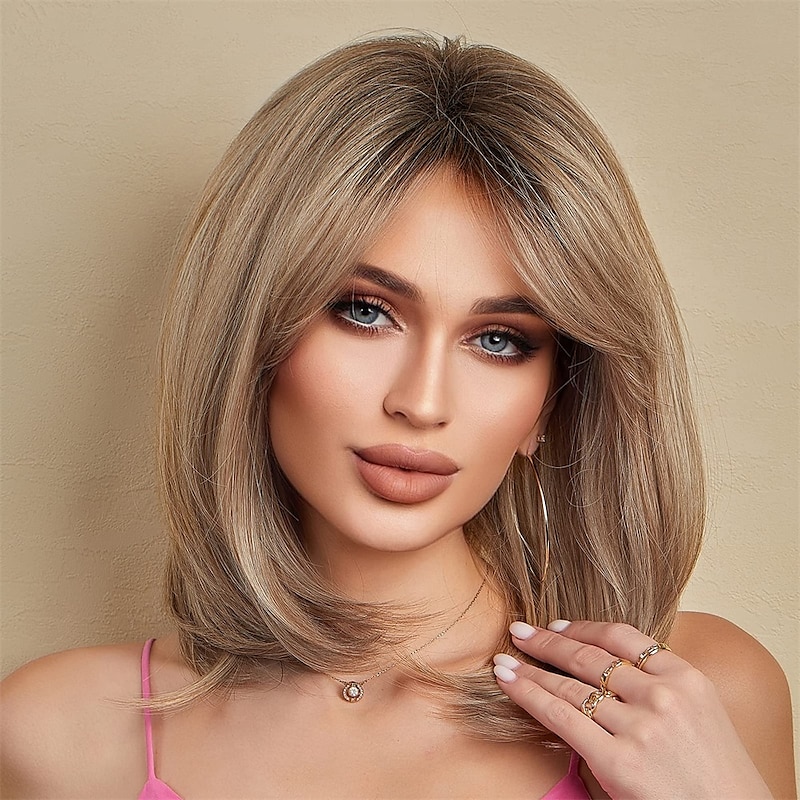 Ash Blonde Wigs for Women Bob Shoulder Length Layered Synthetic Dark Roots Hair Wig with Bangs Side Parting Christmas Party Wigs barbiecore Wigs2