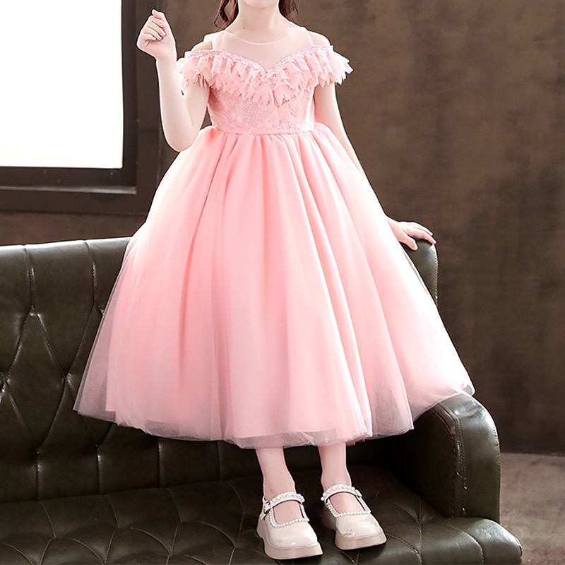 Kids Girls' Party Dress Solid Color Long Sleeve Special Occasion Princess Polyester Party Dress Summer Spring 4-13 Years White Champagne Pink3