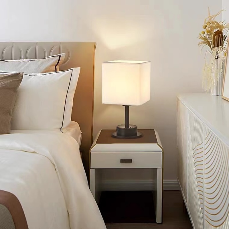 Bedside Lamp with USB Port - Touch Control Table Lamp for Bedroom Wood Nightstand Lamp with Round Flaxen Fabric Shade for Living Room, Dorm, Home Office (LED Bulb Included)2