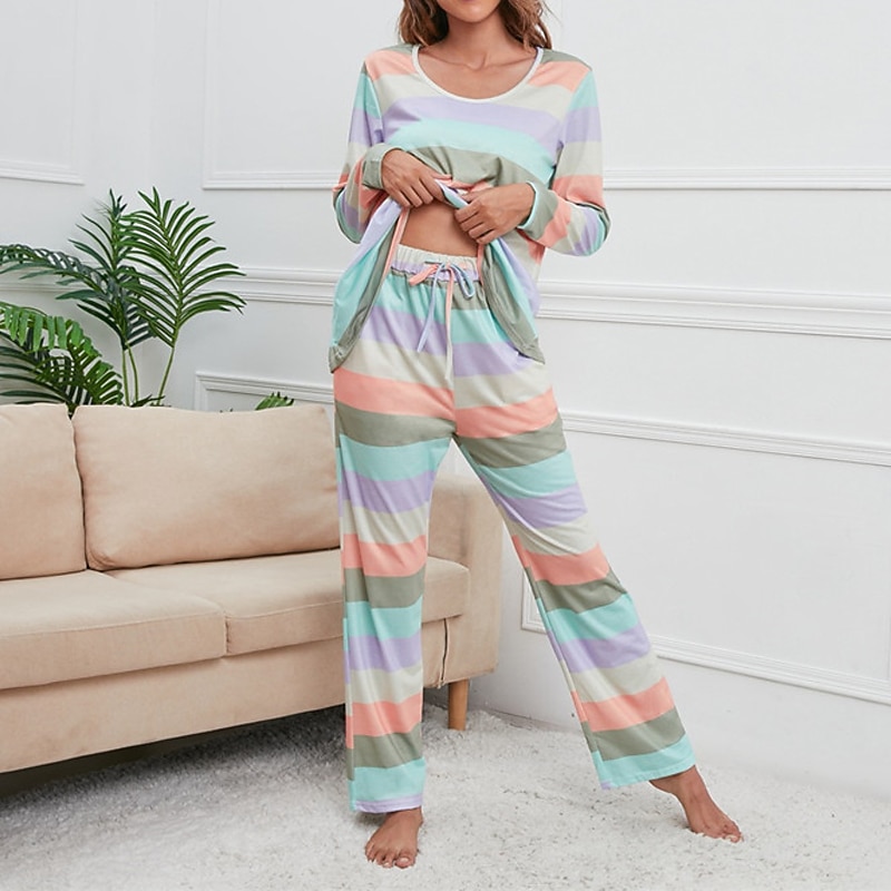 Women's Pajamas Nighty Pjs Sets 2 Pieces Rainbow Stripe Fashion Comfort Soft Home Daily Bed Cotton Breathable V Wire Long Sleeve T shirt Tee Pant Spring Fall Home Outfits3