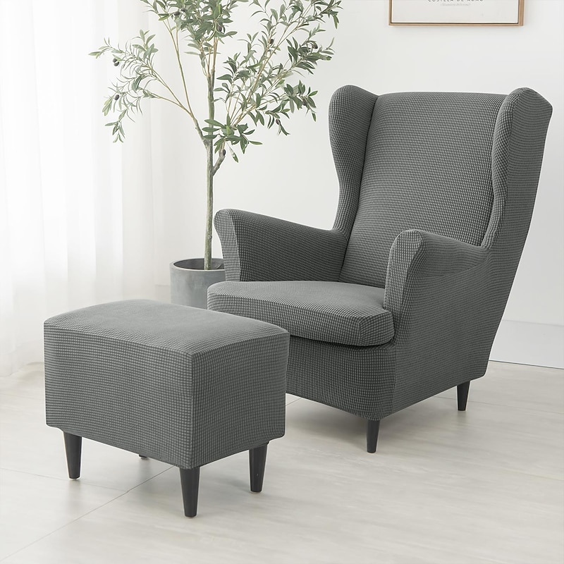 Wing Chair Cover Set, Include Stretch Wingback Chair Slipcover and Ottoman Cover,Burgundy Red Jacquard Wing Back Chair Cover Removable Machine Washable Armchair Chair Cover for Strandmon Chair