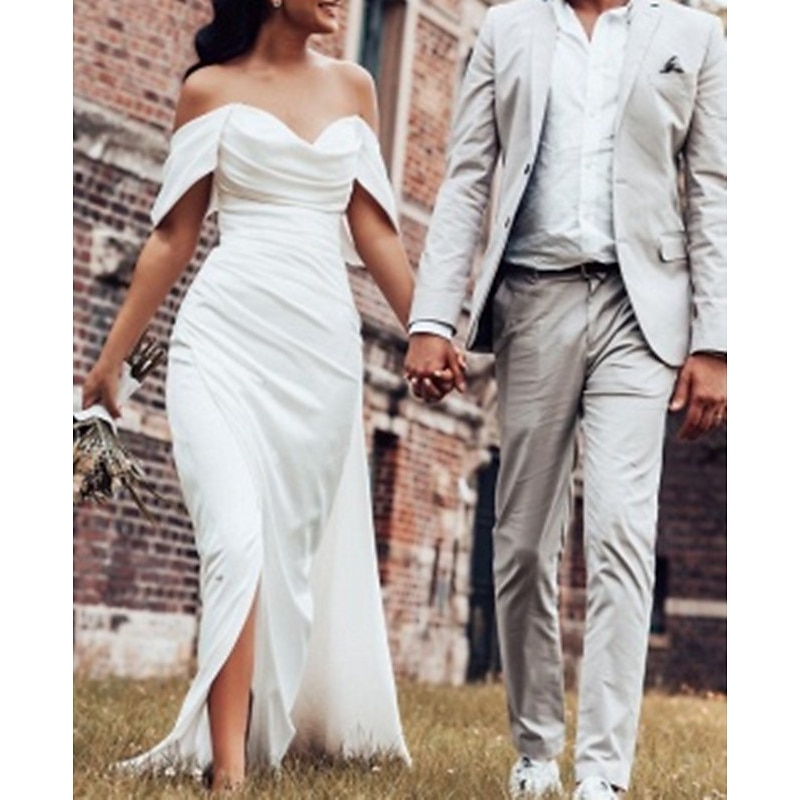 Hall Casual Simple Wedding Dresses Sheath Off Shoulder Cap Sleeve Court Train Satin Bridal Gowns With Ruched Split Front3