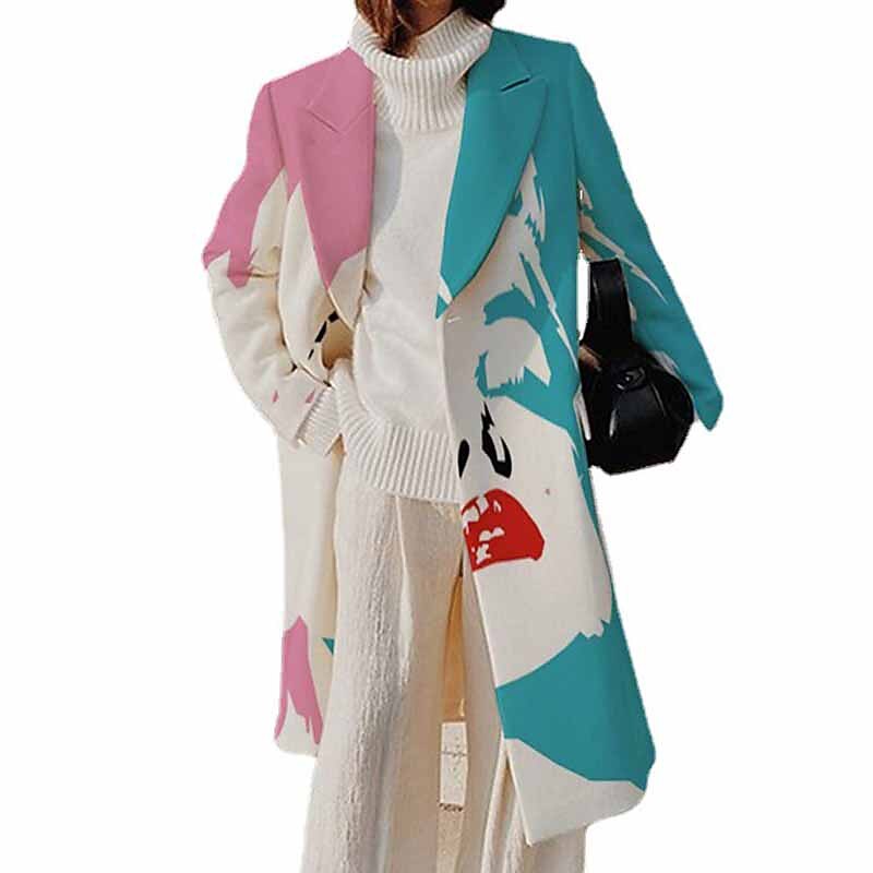 Women's Winter Coat Warm Breathable Street Vacation Going out Print Open Front Turndown OL Style Elegant Modern Abstract Regular Fit Outerwear Long Sleeve Winter Fall Green S M L XL XXL 3XL3